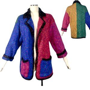 Vintage 90s Carole Little Mohair Blend Cardigan Sweater Color Block Pockets M